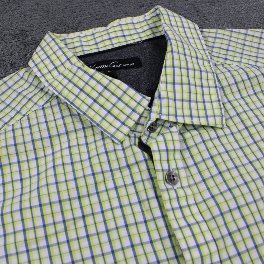 Kenneth Cole New York Mens XL Plaid Button Down Shirt Lime Green Blue Roll Tab